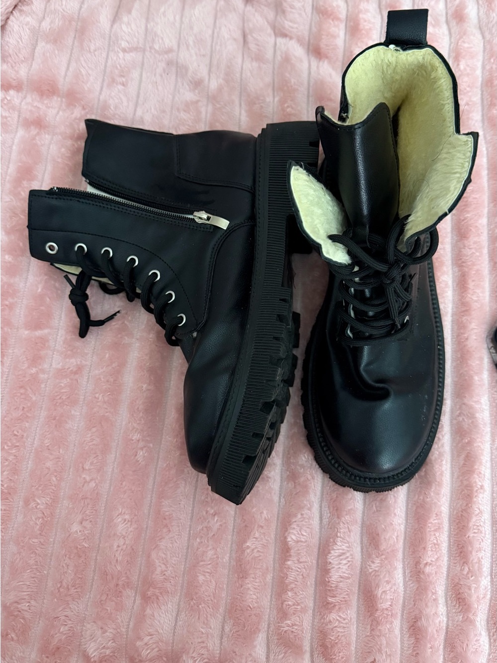 Black Faux-Fur Lined Lace-Up Combat Boots for Women